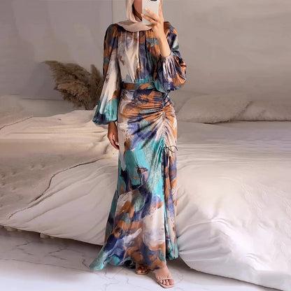 Women's Pleated Exotic Long-Sleeved Maxi Dress