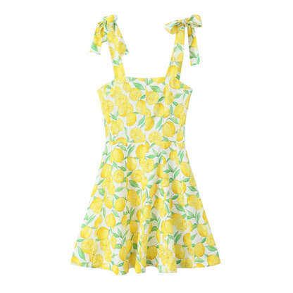 Lemon Printed Mini Dress with Bowknot Tie Strap