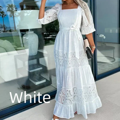 💖Limited Sale 50% OFF💖Women’s Trendy Patchwork Tie Waist Square Neck Long Dress