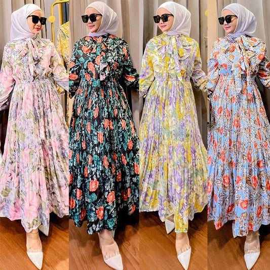 Flowy Floral Print Long Sleeve Pleated Dress