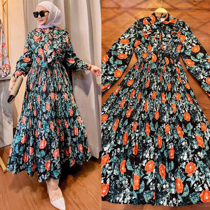Flowy Floral Print Long Sleeve Pleated Dress