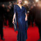 Sequined V-Neck Evening Dress with Pleated Hem