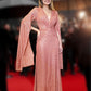 Sequined V-Neck Evening Dress with Pleated Hem