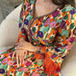 V-neck Floral Printed Long Sleeve Tassel Maxi Dress
