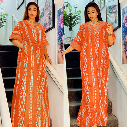 Elegant Round Neck Loose Striped Rhinestone Dress