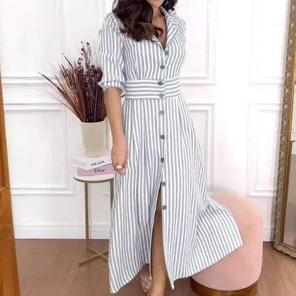 Fashion Striped Button-Down Long Shirt Dress