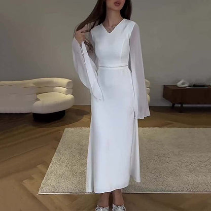 فستان أبيض أنيق للنساء بأكمام جرس