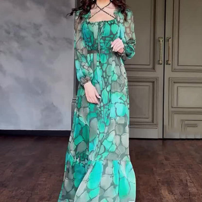 فستان نسائي بأكمام طويلة وطباعة وياقة مربعة