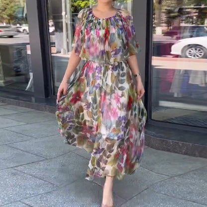 Fashion Round Neck Printed Flowy Dress