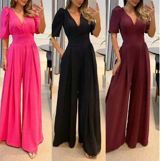 Women's High-Waist Wide-Leg Jumpsuit in Solid Color