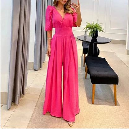 Women's High-Waist Wide-Leg Jumpsuit in Solid Color