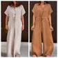 Women's Solid Lapel Button Down Drawstring Jumpsuits