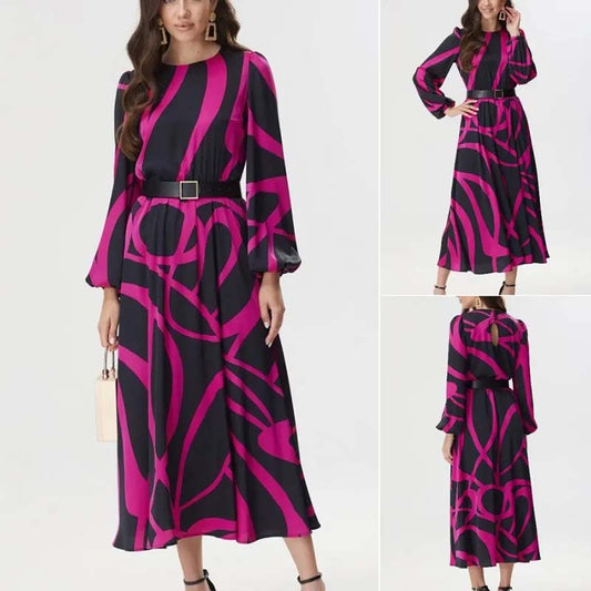 Women's Long Sleeve Belted Dress with Bold Geometric Print