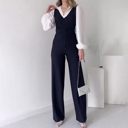 Women's Striped Lapel Long Sleeve Jumpsuits