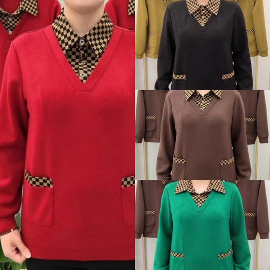 Women's Trendy Casual Long Sleeve Top with Checkered Collar