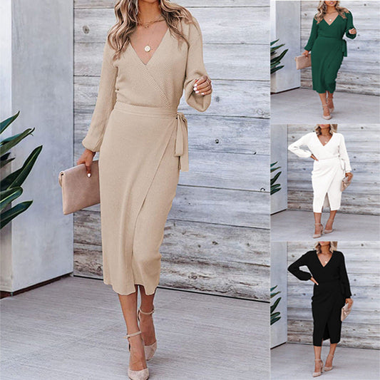 Women's Wrap V-Neck Long Sleeve Tie-Waist Knit Dress