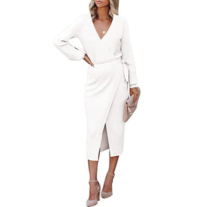 Women's Wrap V-Neck Long Sleeve Tie-Waist Knit Dress