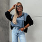 Women's Layered Hoodie Denim Jacket with Drawstring