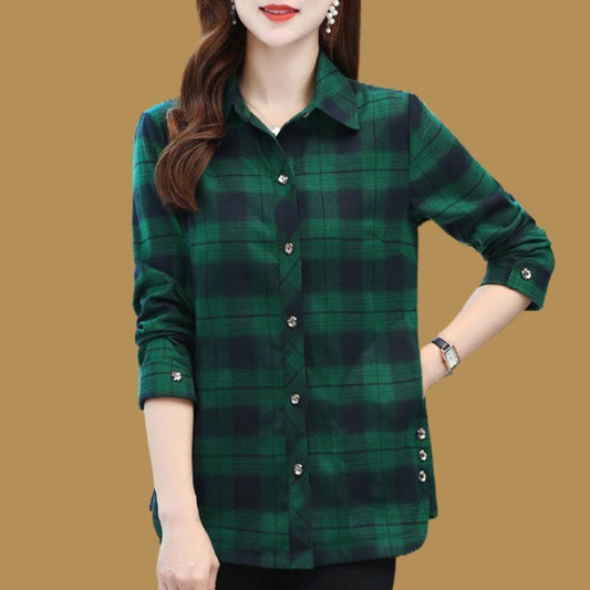 Soft Plaid Button-Down Lapel Top with Pockets