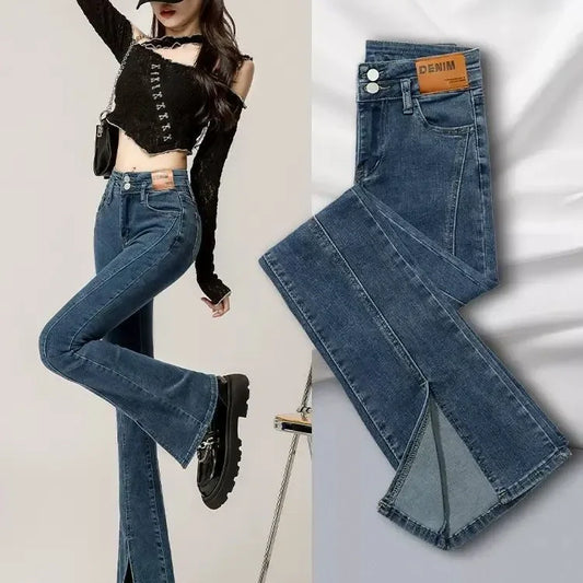 High-Waisted Flared Denim Jeans with Split Hem