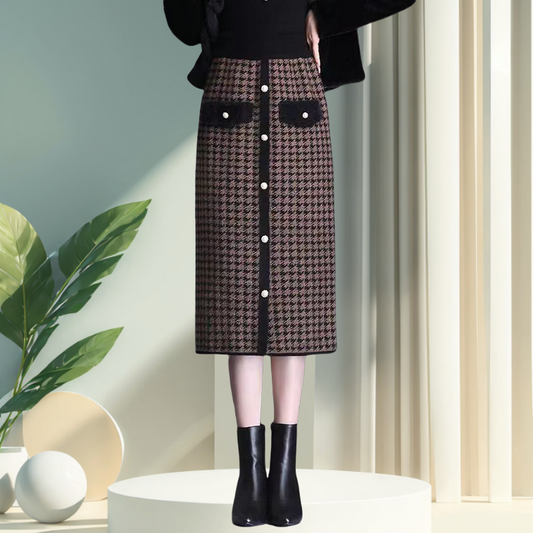 Plaid High-Waisted Midi Skirt With Front Buttons