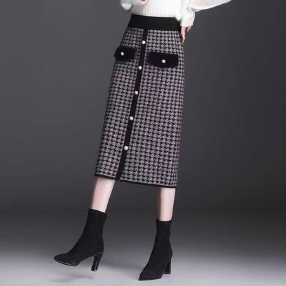Plaid High-Waisted Midi Skirt With Front Buttons