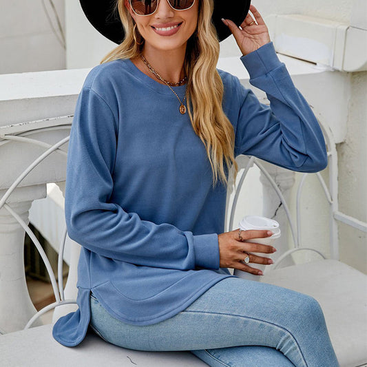 Long Sleeve Round Neck Top with Side Split