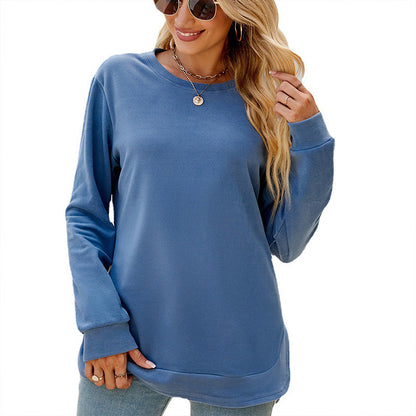 Long Sleeve Round Neck Top with Side Split