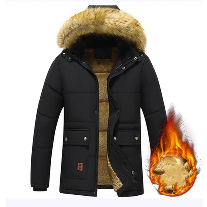 Men's Plush-Lined Thick Winter Jacket with Removable Hood