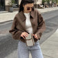 Women's Solid Color Zippered Lapel Short Jacket