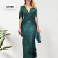 Sequined V-Neck Evening Dress with Pleated Hem