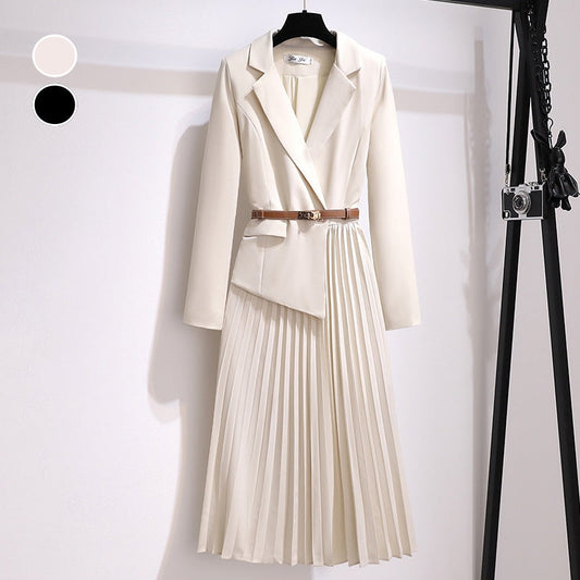Asymmetrical Patchwork Pleated Blazer Dress with Belt