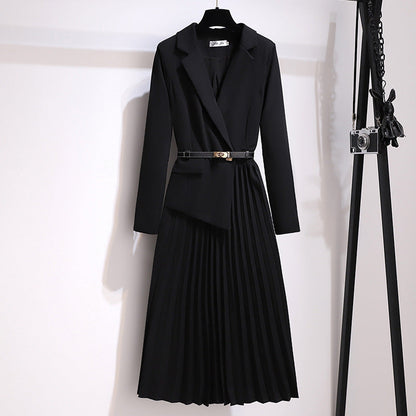 Asymmetrical Patchwork Pleated Blazer Dress with Belt