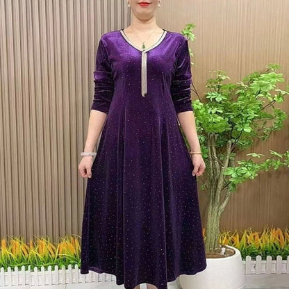 Women's Long Sleeve Velvet Dress with Chest Fringe Accent