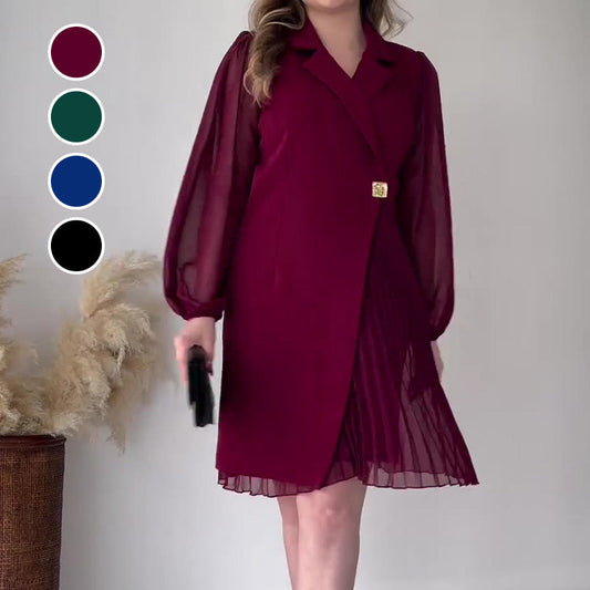 Lapel Solid Color Ruffle Hem Dress