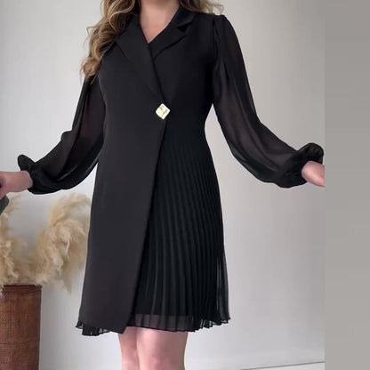 Lapel Solid Color Ruffle Hem Dress