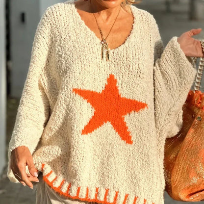 Women's Star Print V-Neck Pullover Sweater