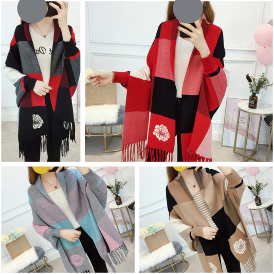 Women's Plaid Knitted Fringe Long Sleeve Shawl