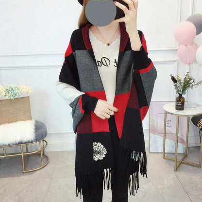 Women's Plaid Knitted Fringe Long Sleeve Shawl