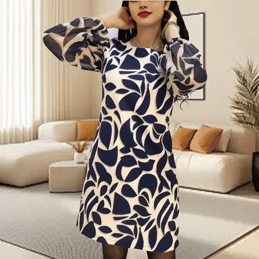 Women's Elegant Round-Neck Long Sleeve Printed Dress