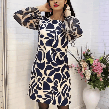 Women's Elegant Round-Neck Long Sleeve Printed Dress