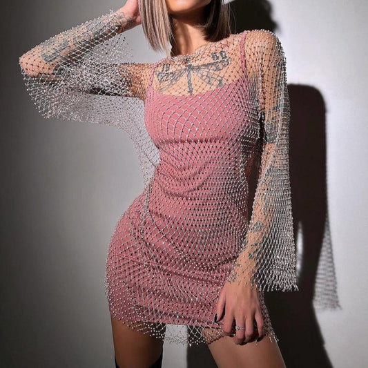 Women's Rhinestone See Through Cover Up Dress