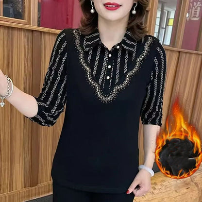 Women's Winter Thickened Half-Button Print Top
