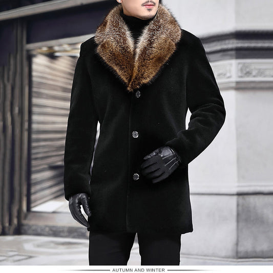 Men's Classic Single-Breasted Overcoat with Faux Fur Collar