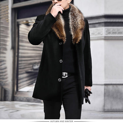 Men's Classic Single-Breasted Overcoat with Faux Fur Collar
