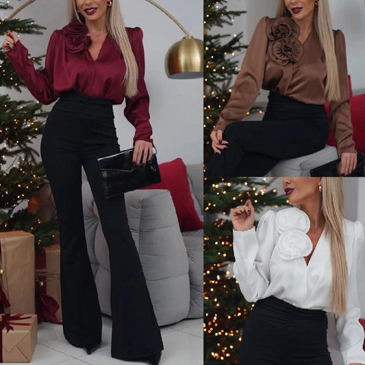 🔥Big Sale 50% OFF🔥Women's Luxurious Satin V-neck Blouse with Rose Detail