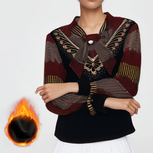 Women's Warm Color-Blocked Bow Tie Neck Top