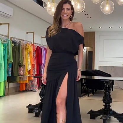 Sexy Strapless High Slit Cinched Waist Dress