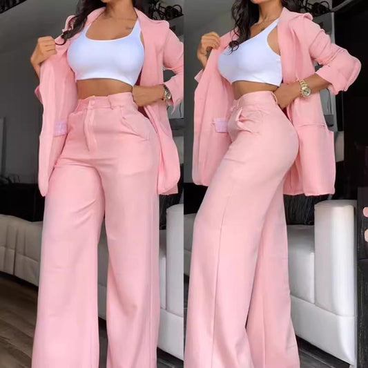 Women’s Elegant Notched Lapel Blazer and Wide-leg Pants Suit