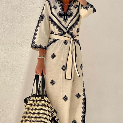 Women's Ethnic Geometric Print V-Neck Boho Dress with Belt